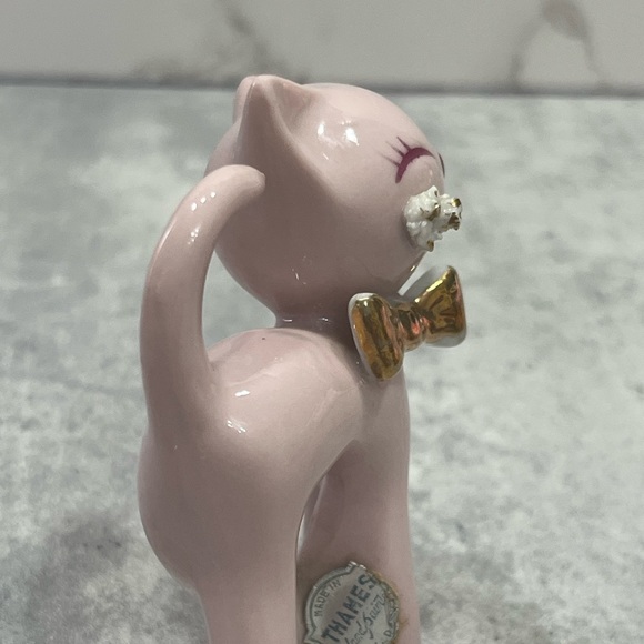 Vintage 1950’s Pink Porcelain Thames Spaghetti Cat w tag kitten gold Japan - Picture 6 of 14